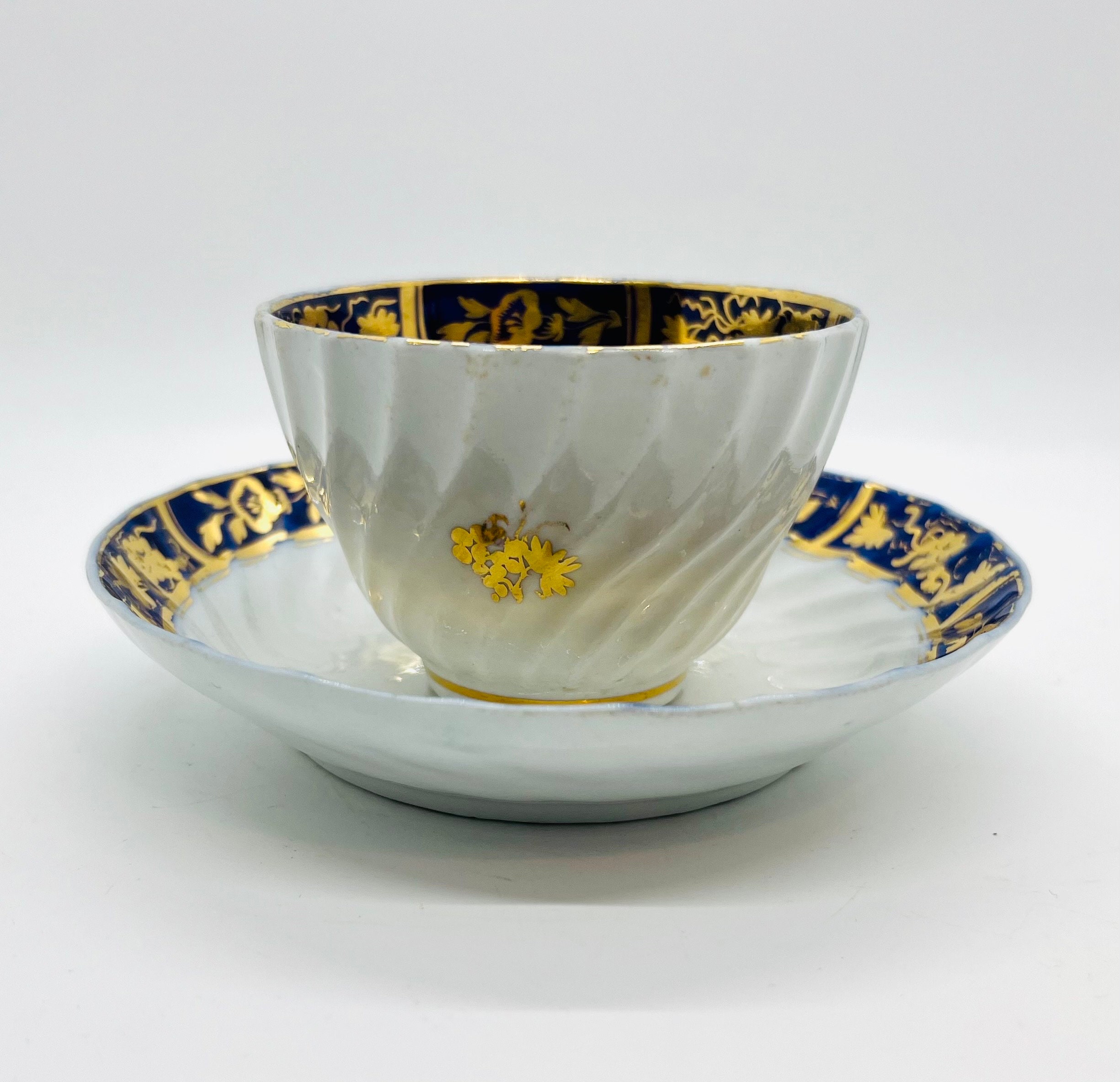Antique Worcester Tea Cup & Saucer: Cobalt Blue Gilt Porcelain
