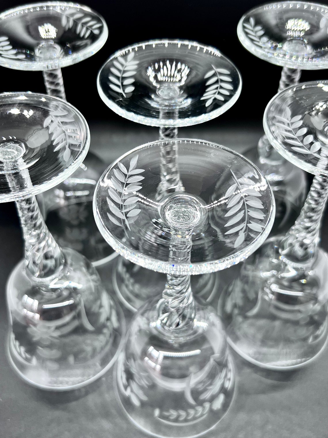 ANTIQUE ETCHED WINE Glasses 6 Vintage White Wine Glasses With Spiral