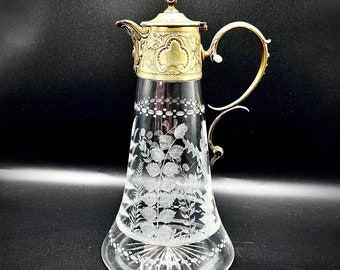 ANTIQUE CLARET DECANTER, Floral geätzter Glaskrug, antiker Ewer mit versilbertem Deckel und Silbergriff, hergestellt in England