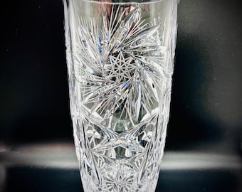 Vintage Lead Crystal Vase: Pinwheel Cut, Sawtooth Rim, 11 inch