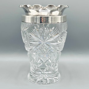 VINTAGE CRYSTAL VASE, silver plated rim lead crystal vase, pinwheel cut & frilled rim, decorative table vase, height 20 cm/ 1224 gram