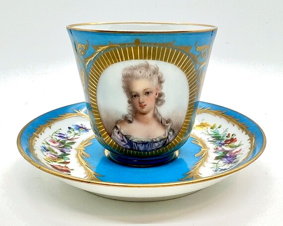 ANTIQUE SEVRES PORCELAIN Cup & Saucer, Handpainted Portrait