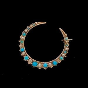 Edwardian 9CT Gold Crescent Brooch: Turquoise & Seed Pearl