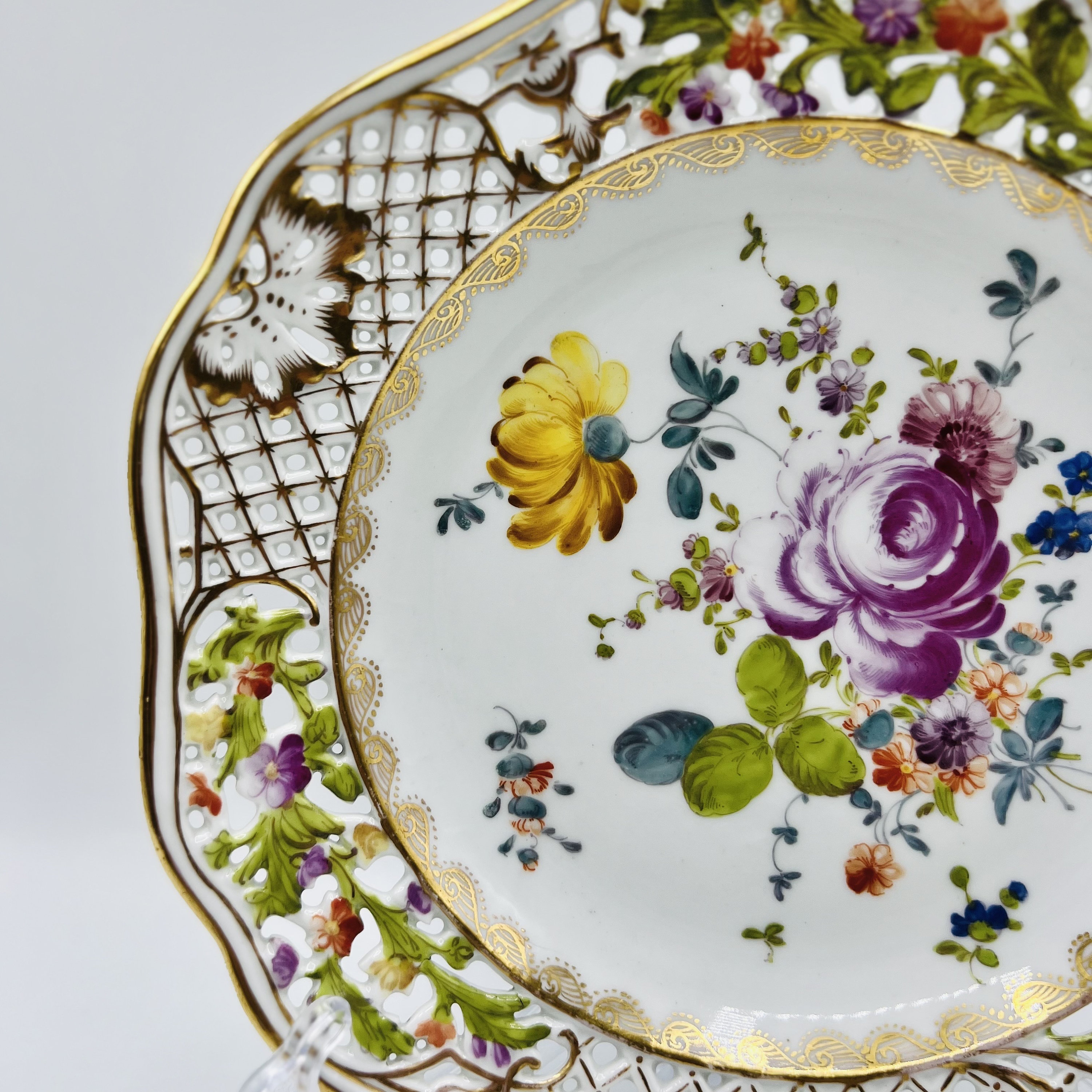 Antique Carl Thieme Porcelain Plate: Handpainted Floral Pierced