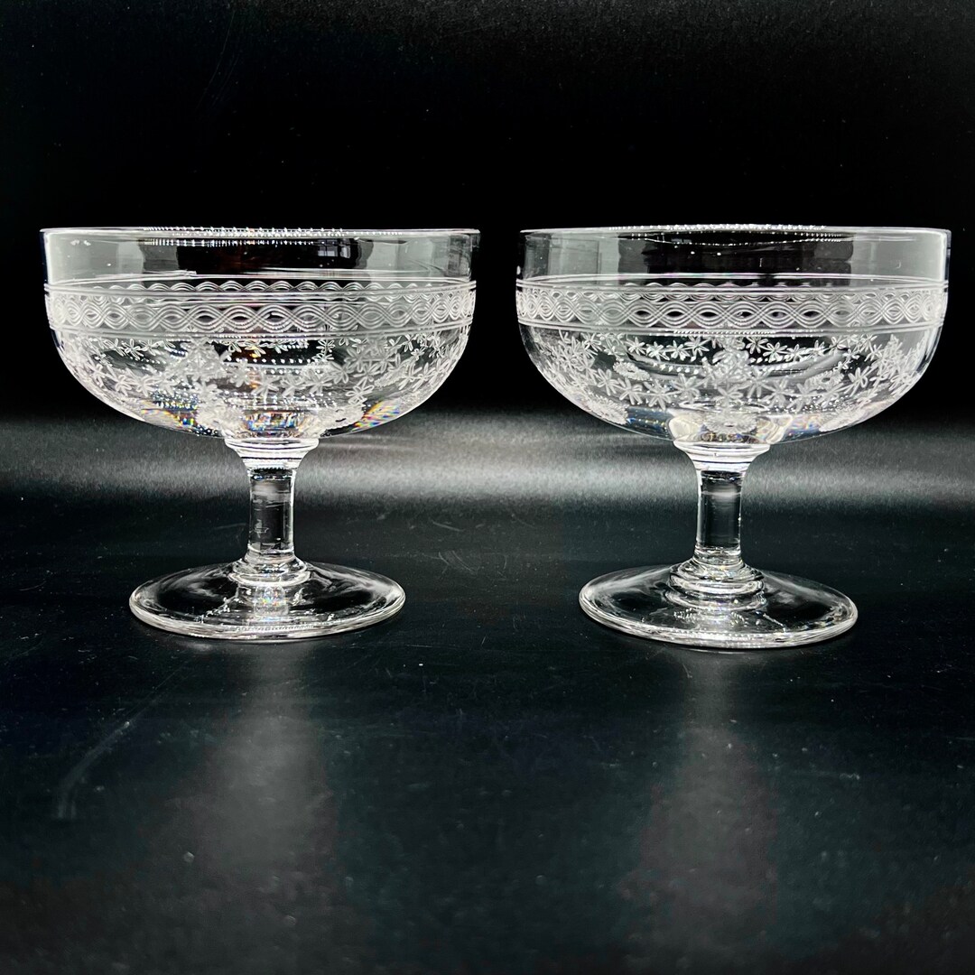 Edwardian Needle Etched Champagne Coupe Glasses, Medium Sized Toasting