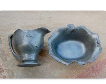 Antique Orivit Pewter creamer & sugar Bowl Set, Art Nouveau Floral Design