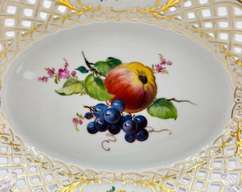 Antique Meissen Porcelain Pierced Tray: Hand-painted Fruit