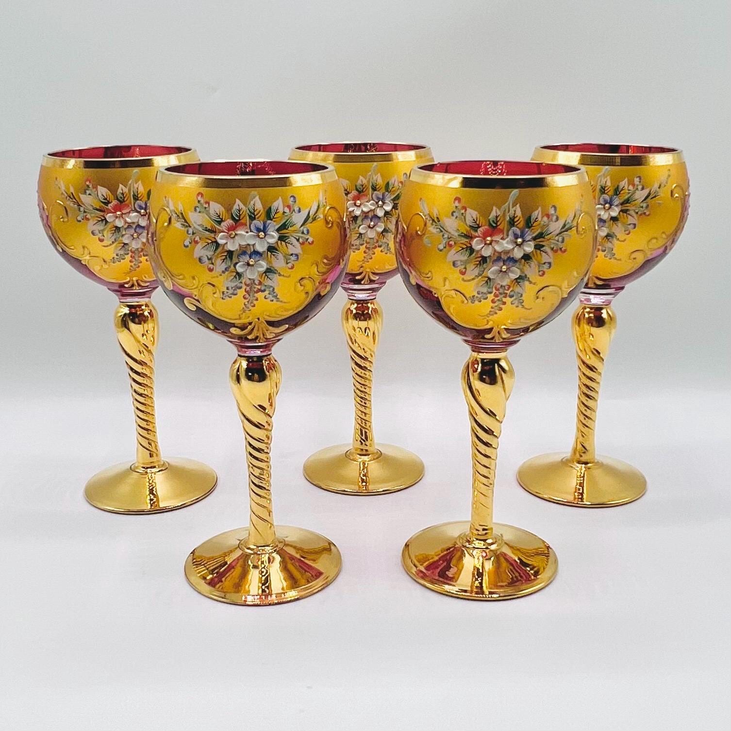 ヴィンテージ ムラーノ ホック ワイングラス：24K ゴールド エナメル