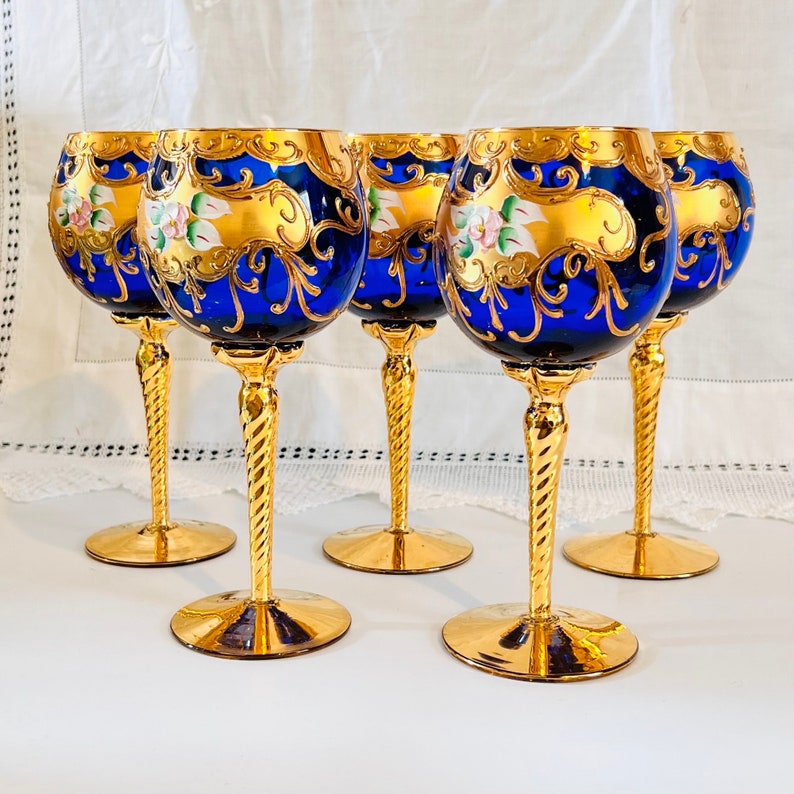 MURANO WINE GLASSES Murano Salvadori Tre Fuochi 24k Gold Enamel Flower