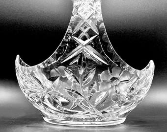 Vintage Cut Lead Crystal Basket: Mid-Century Etched Floral Centrepiece Bowl