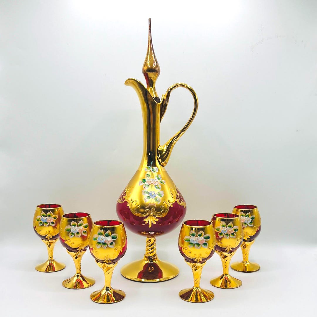 Ruby Red Murano Glass Decanter Set With 6 Gold Leaf Glasses, Tre