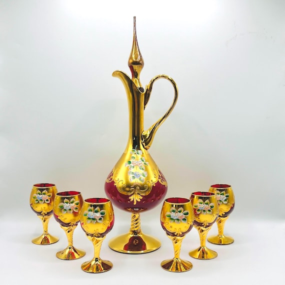 Red Murano Glass Decanter Set: 6 Liquor Glasses, 24k Gold Tee