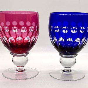 Vintage Wine Goblet glasses, Cobalt Blue Cut in Clear Glass, Red overlay Glass, Bohemia Crystal - ball stemmed glasses, gift idea