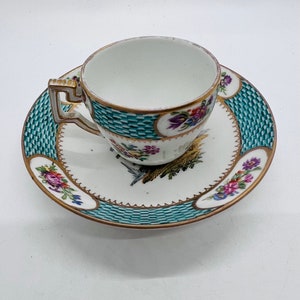 Antique Meissen Porcelain Cup and Saucer: Handpainted Watteau Scene, Geometric Handle