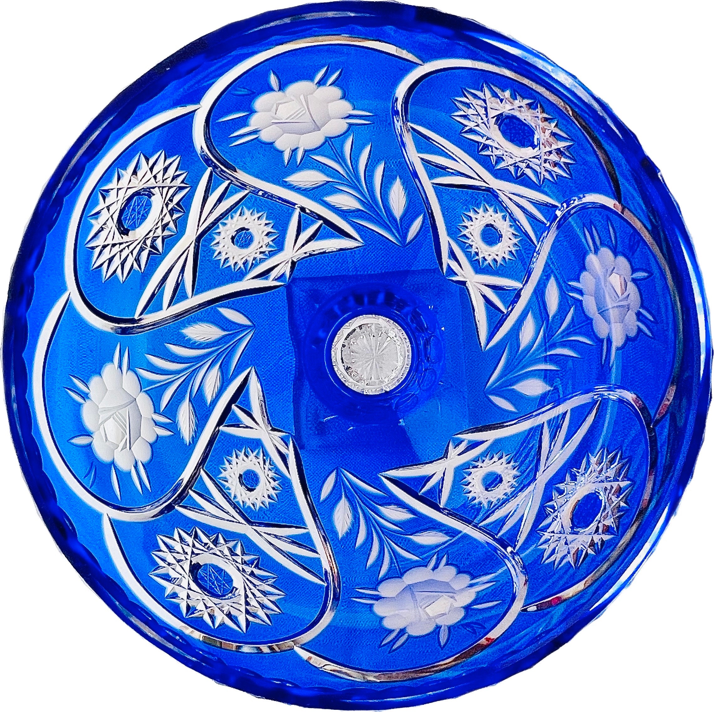 コバルトブルーカットの透明クリスタルボウル：ホブスターフローラル