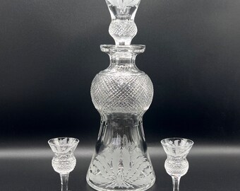 Vintage Edinburgh Crystal Decanter Set: Diamond Cut Thistle Liquor Glasses