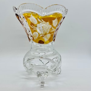 Vintage Bohemian Amber Crystal Vase: Flower Etched, Three Footed