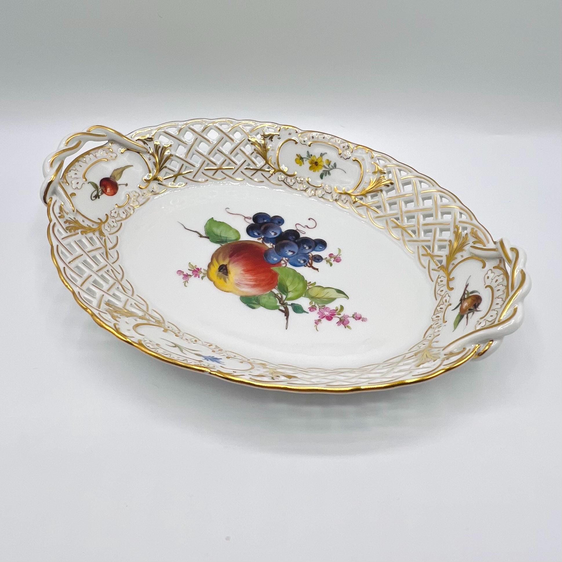 Antique Meissen Porcelain Pierced Tray: Hand-painted Fruit