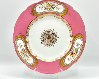 Coalport Porcelain Plate: Antique Handpainted Birds, Fruits, Flowers, Pink Gilded Border