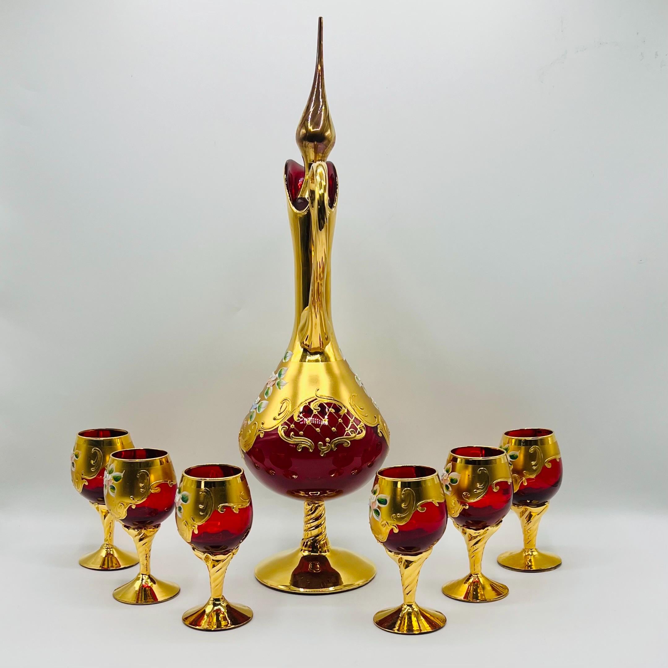 Murano Glass 赤金 デキャンタとグラスセット Red Murano Glass Decanter Set: 6 Liquor Glasses, 24k Gold Tee