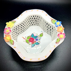 Vintage HEREND HUNGARY BOWL, Chinese Bouquet white woven porcelain bowl, square basket with encrusted flowers, gift idea