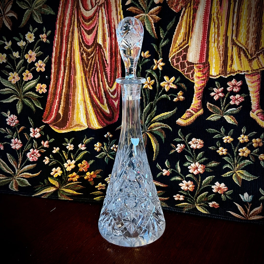 Vintage Bohemian CUT CRYSTAL DECANTER Hobstar Cut, Diamond Cut Tall