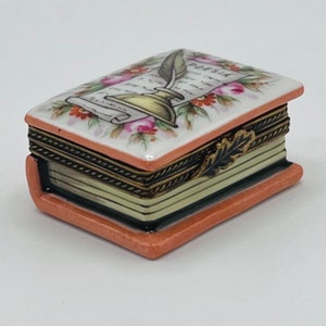 Vintage Limoges France Porcelain Trinket Box, Handpainted Book-Shaped “Poesia” Diary, Ornolu Clasp