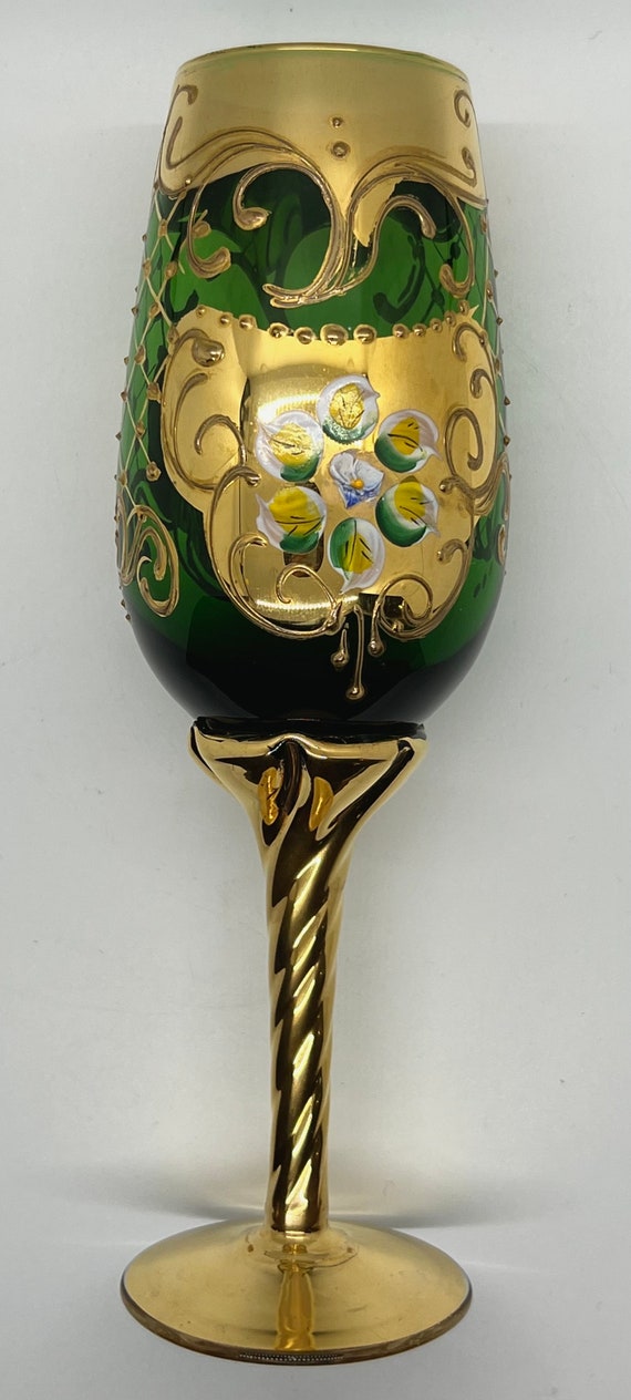 Murano Champagne Flute: Green Glass With 24k Gold Leaf, Tre Fuochi Murano Champagne Flute: Green Glass With 24k Gold Leaf, Tre Fuochi