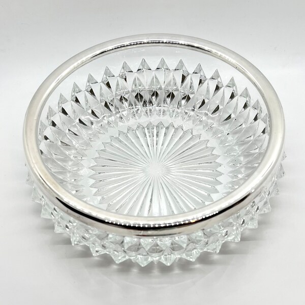 Vintage silver rimmed Fruit Bowl | Large Hobnail Diamond Cut Mid Century glass serving Bowl, table decoration - Width 23 cm 1.5 KG