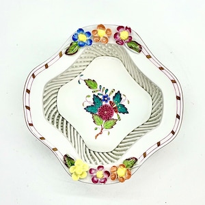 Vintage Porcelain Basket, HEREND HUNGARY BOWL, Chinese Bouquet woven bowl, square basket, Herend porselain encrusted flowers