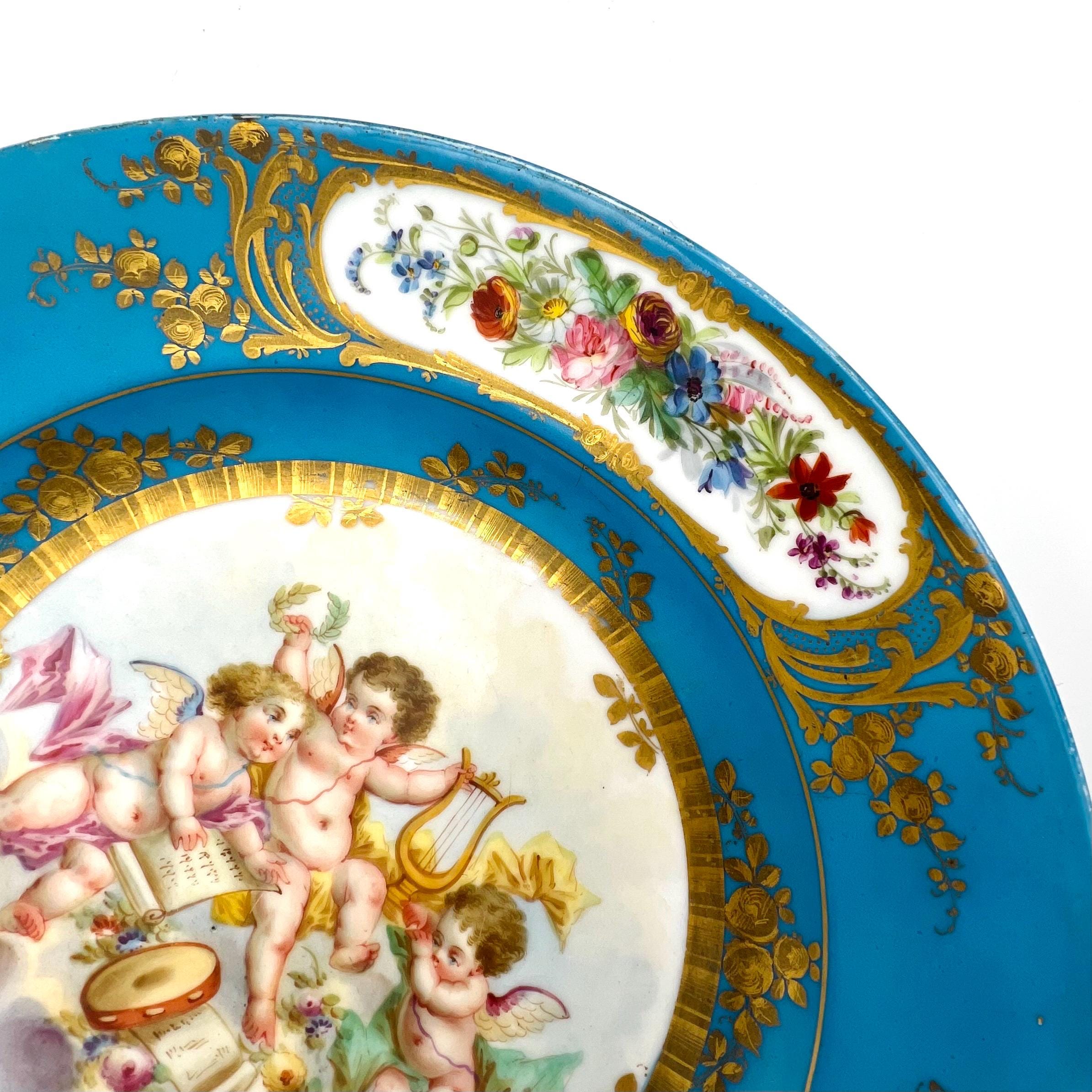 Sevres Porcelain Charger Plate: Gilded Putti Scene, Blue Celeste