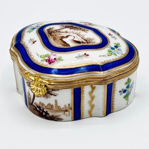 Antique Sevres Style Porcelain Trinket Box: Hand-Painted Landscape, Ormolu Mounts