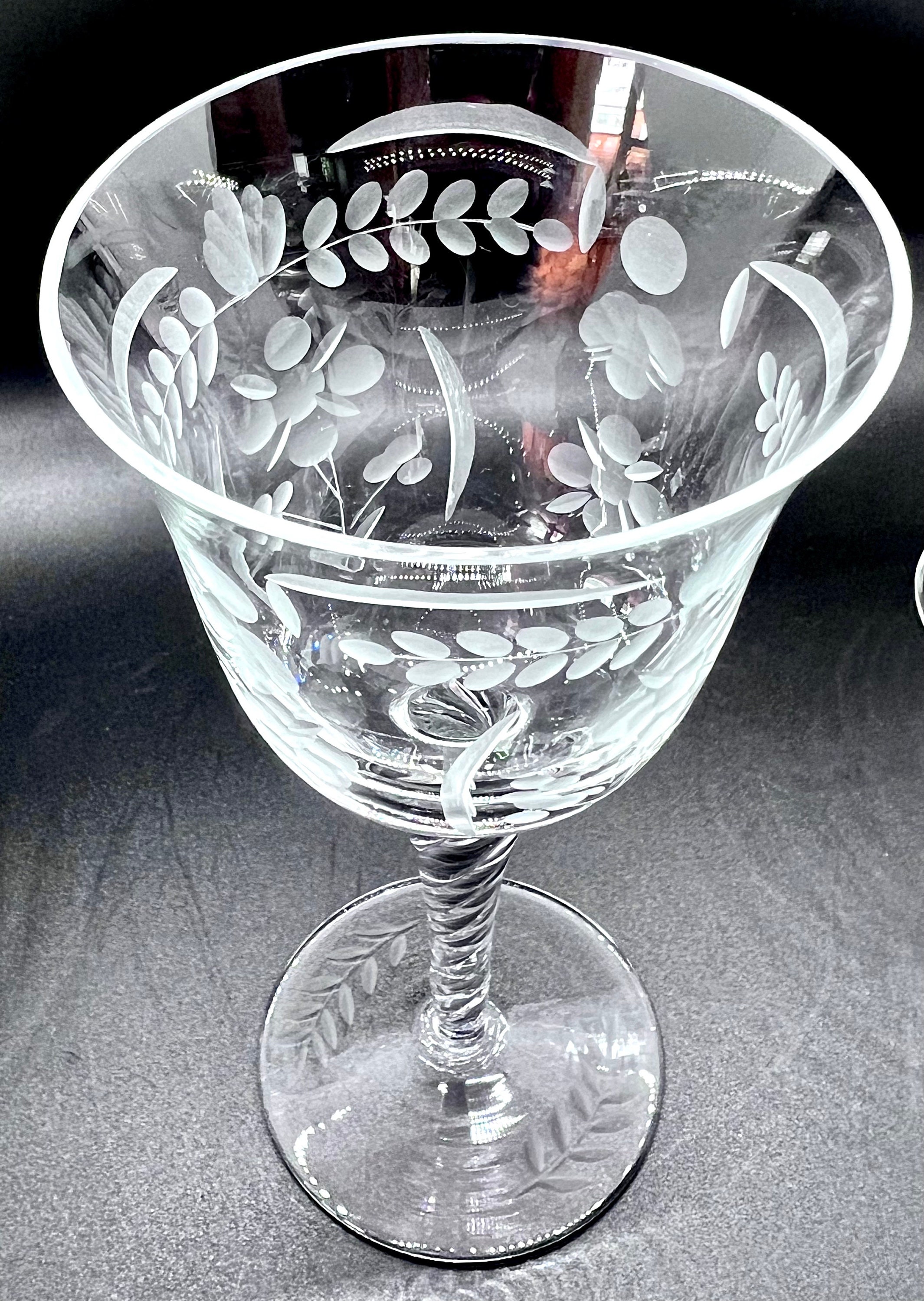 ANTIQUE ETCHED WINE Glasses 6 Vintage White Wine Glasses With Spiral