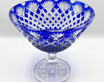 BOHEMIAN Crystal BOWL, Cobalt Blue Mid-Century Cut-to-Clear Pedestal Centerpiece