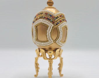 Caja de joyas con forma de huevo de joyería estilo FABERGÉ, pintada a mano y esmaltada en oro