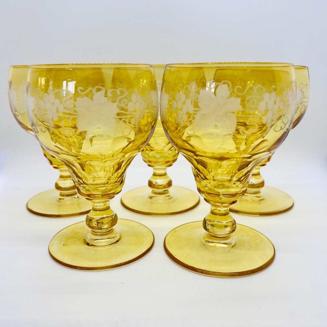 ANTIQUE WINE GLASSES, Wheel Cut Fluted Pan Top Vine & Grape Etched