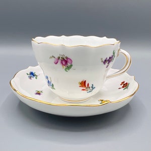 Antique Meissen Porcelain Mocha Cup & Saucer: Hand-Painted Floral Design