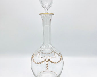 Antique Gilded Glass Decanter, French baccarat style gilded and handblown Decanter, available with or without matching champagne glasses