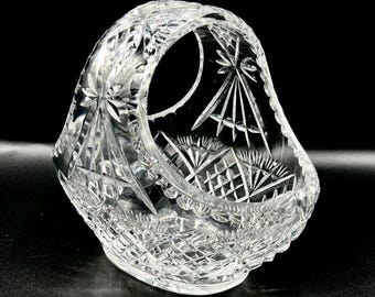 Vintage Cut Lead Crystal Basket: Mid-Century Centerpiece Bowl, home decor