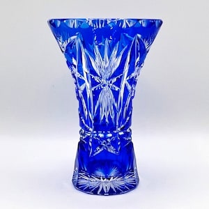 Vintage Bohemian Cobalt Blue Cut Crystal Vase - 15cm Hobstar