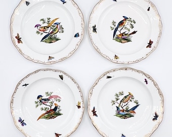 Set of 4 Antique Meissen Porcelain Plates – Hand-painted Birds