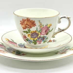 Antique Floral Teaset Trio: George Jones Bone China, England