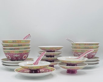 Juego de vajilla CHINESE FAMILY ROSE, 28 piezas, cuencos de porcelana vintage Mun Shou, diseño de longevidad, Jingdezhen