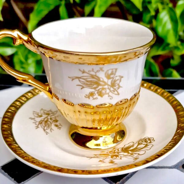 VINTAGE TEASET TEACUP Crown Devon Staffordshire | England Bone China | Rich Gold White Porcelain Cup and Saucer | Antique teacup c1920 |