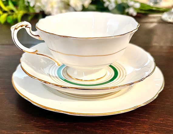 Vintage Paragon Tea Trio: Green & Gold Concentric Circle Bone China, England