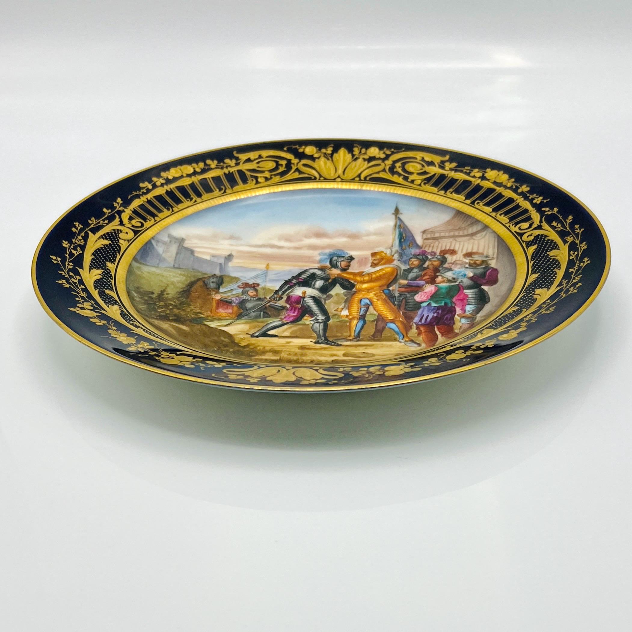 セーブル Sevres 1813-15年頃 金彩柳のボーダー ディナープレート Hand-painted Sevres Style Porcelain Plate: Bataille De Renty