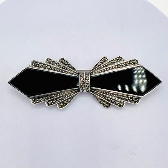 Broche Ancienne Noeud Art Déco - Onyx Et Rhodonite - Argent Sterling - Très Bon état