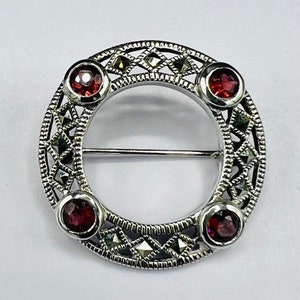 Vintage Art Deco Sterling Silver Brooch: Garnet & Marcasite
