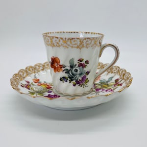Antique Dresden Demitasse Cup and Saucer: Handpainted Floral Porcelain