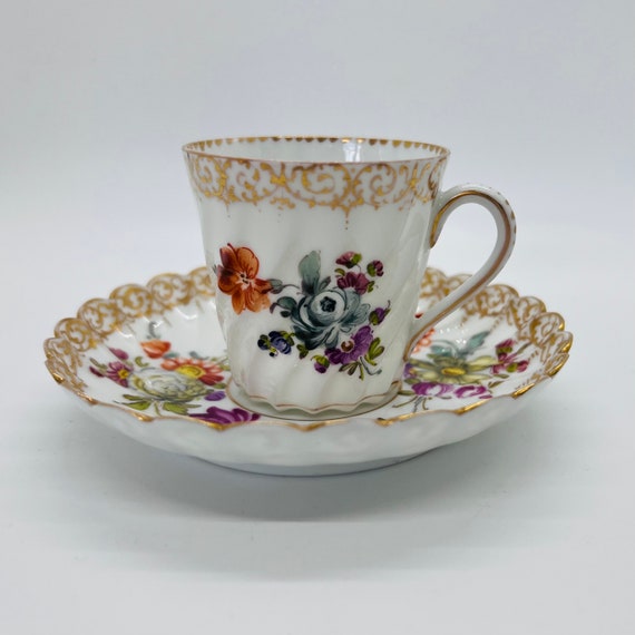 ANTIQUE DRESDEN Cup and Saucer | Handpainted Dresden Sprays 